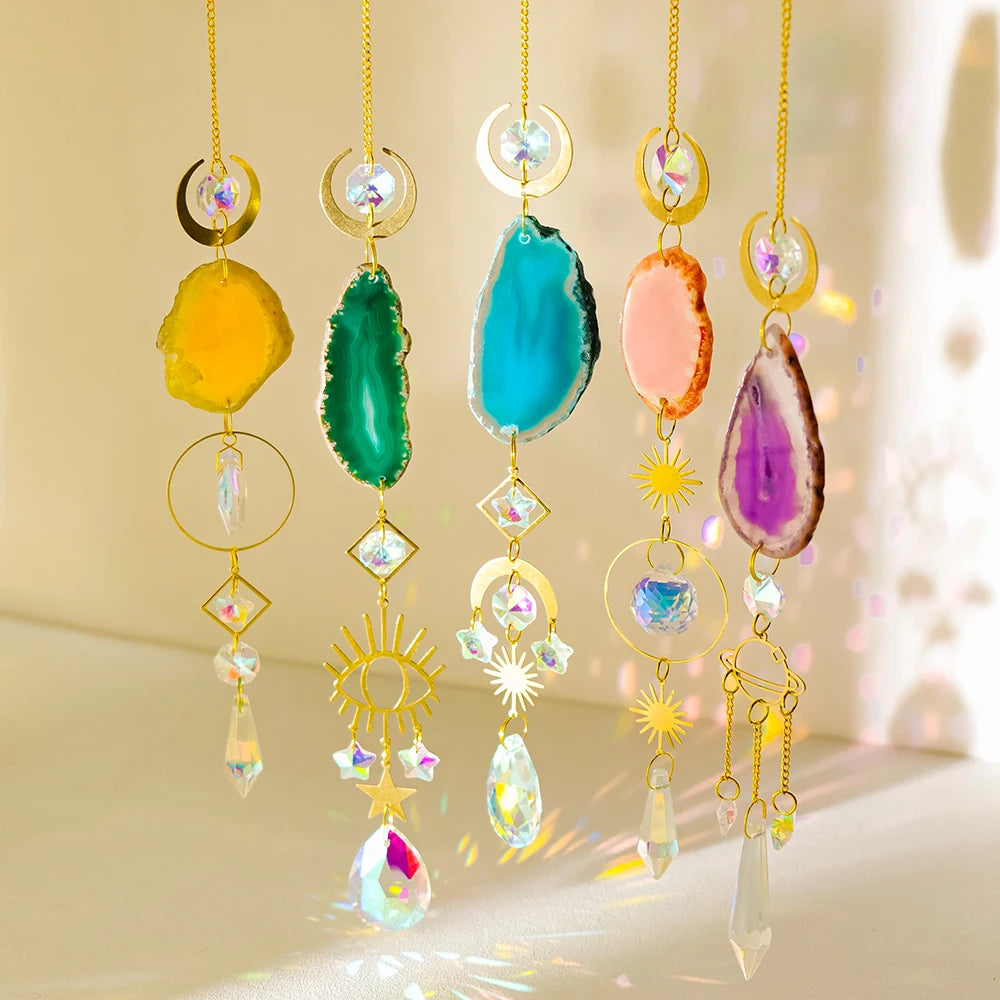 pendentif agate boho chic cristal multicolore opalescent lune soleil étoile