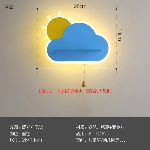 lampe murale nuage soleil bleu blanc moderne chambre enfant led fixée mur flux lumineux