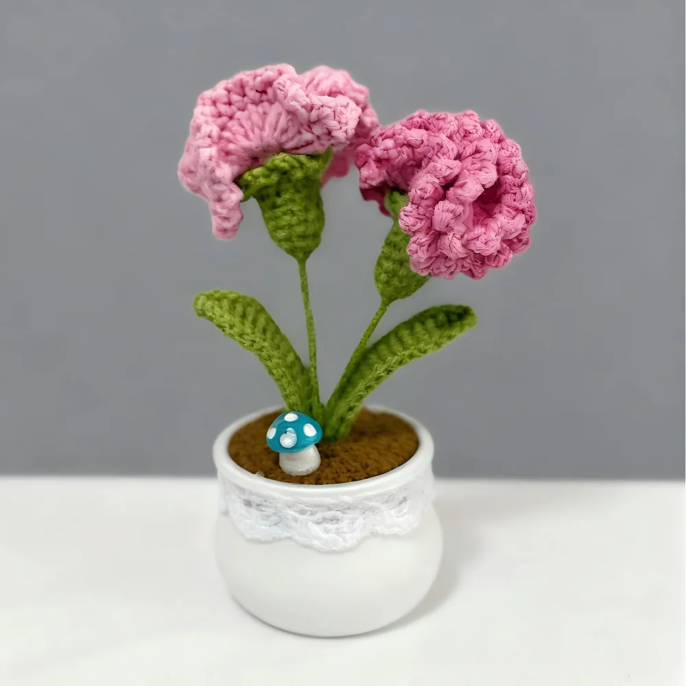 décoration maison tricotée fleurs artificielles variées couleurs pot blanc sol marron champignon