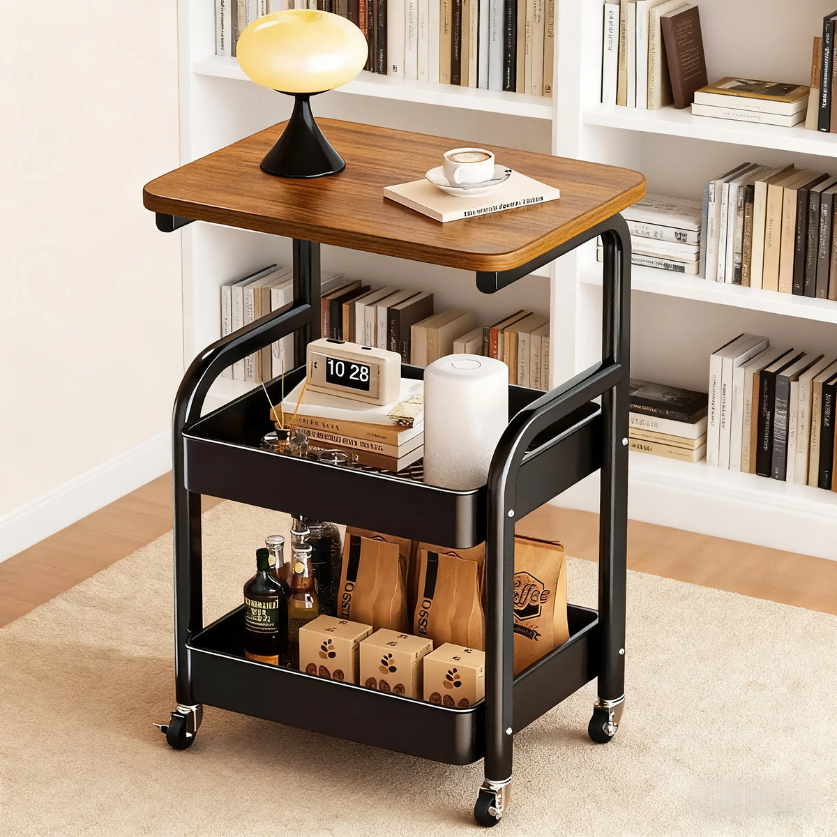 chariot roulant multi niveaux acier inoxydable plateau bois moderne stockage organisation cuisine salle bain