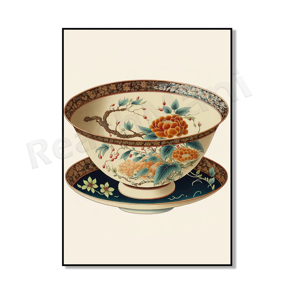 Bol en porcelaine décoré de fleurs et de branchages colorés dans un style oriental.