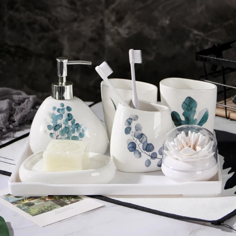 ensemble salle bain céramique éco friendly blanc bleu vert fleuri