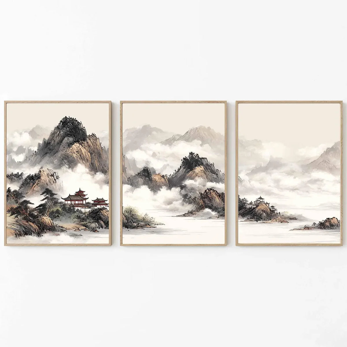 tableaux paysages montagneux nuages encre traditionnelle artistique decoration murale beige gris noir blanc moderne