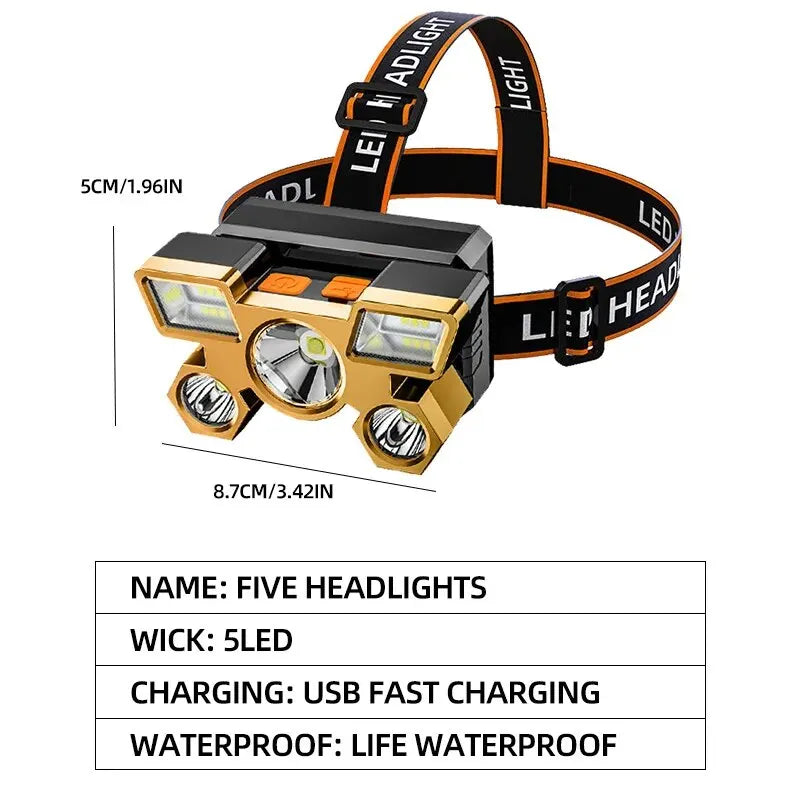 lampe frontale rechargeable or noir moderne câble usb chargeur ceinture ajustable led camping pêche