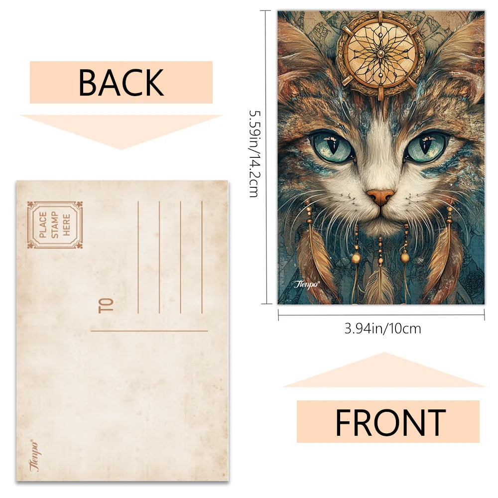 cartes postales multicolores chats accessoires artistiques vintage illustrées fleurs bijoux plumes