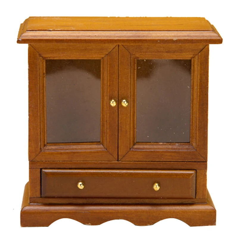 meuble miniature armoire verre transparent classique porte tiroir pieds sculptés blanc marron clair finition