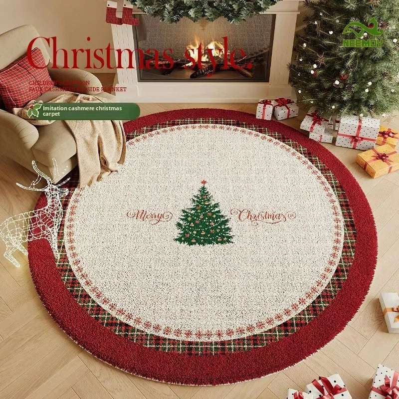 tapis circulaire noël rouge vert blanc carreaux flocons arbre bordure décorative résistant antidérapant polyester