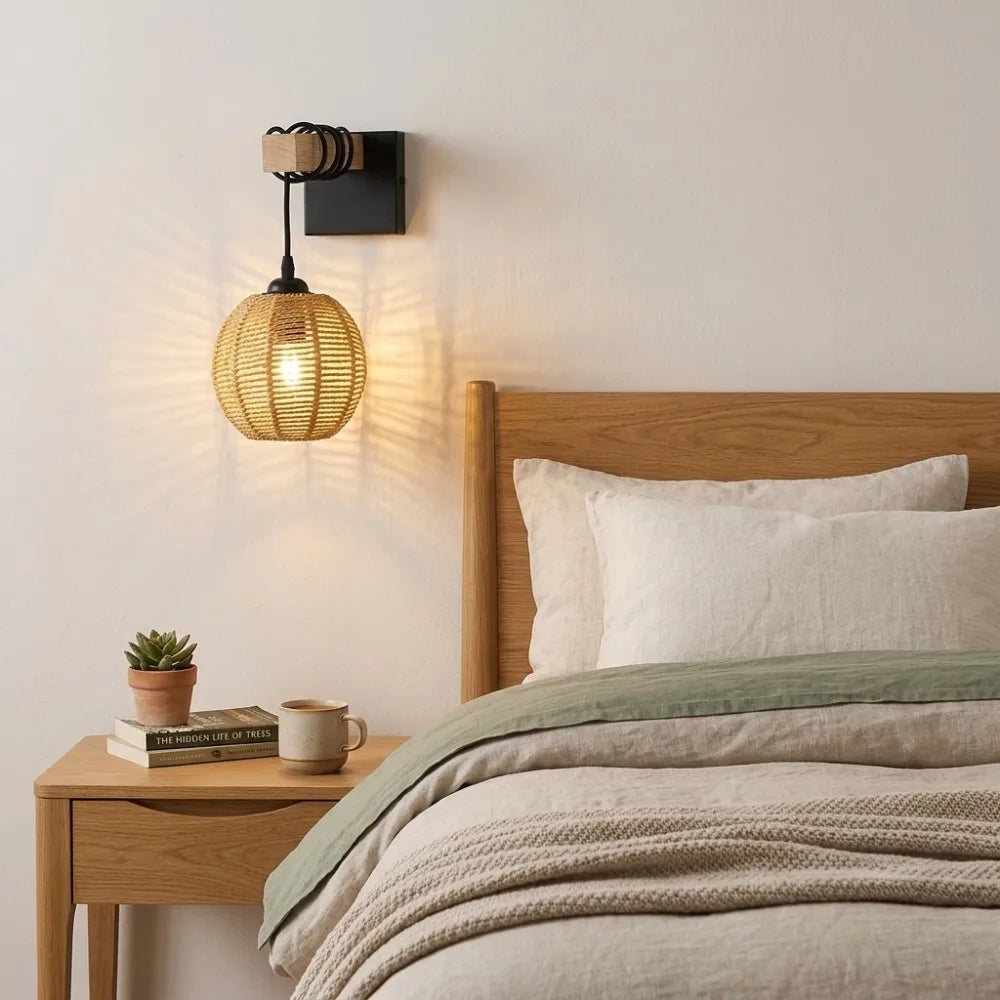 lampe murale moderne rustique marron clair corde bambou tissée plaque fixation câble noir 17cm