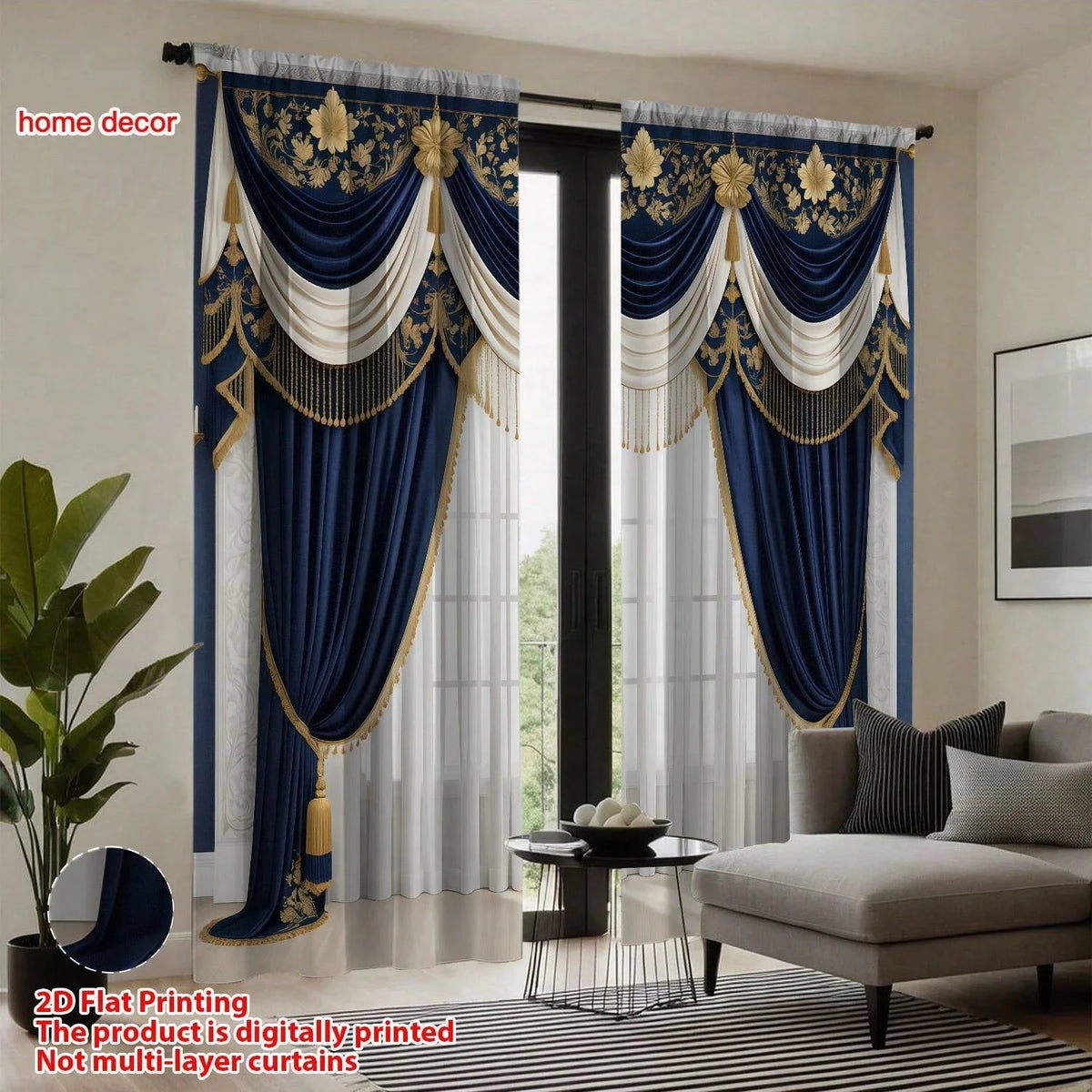 rideaux élégants broderie florale dorée franges pompons bleu marine moderne maison