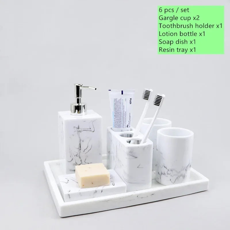 ensemble salle bain moderne marbre blanc gris brosse dents tube dentifrice gobelet distributeur savon