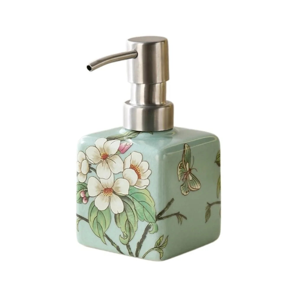 distributeur savon liquide fleurs papillon bleu jaune rose étanche rechargeable classique floral maison