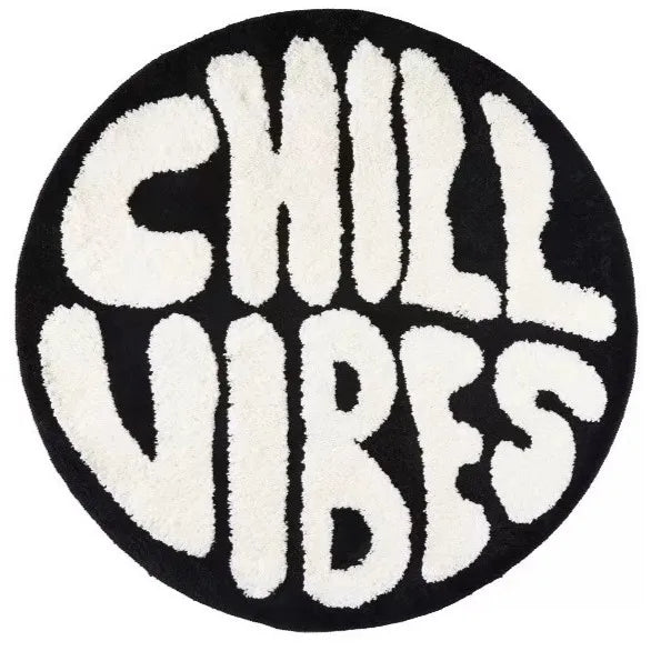 tapis rond noir blanc CHILL VIBES lettres texturées doux moderne salon chambre