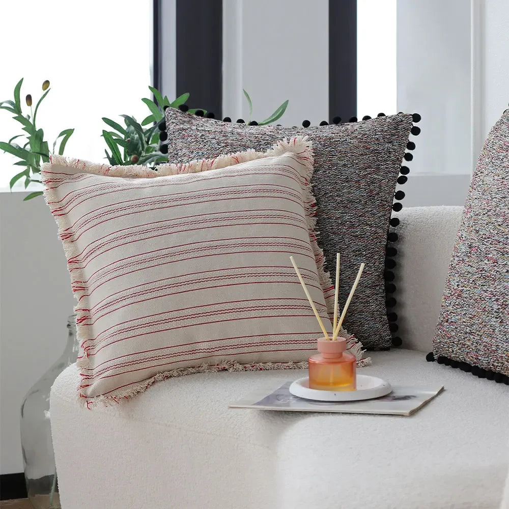 coussin housse coton polyester beige rayures rouges franges rustique maison salon chambre voiture
