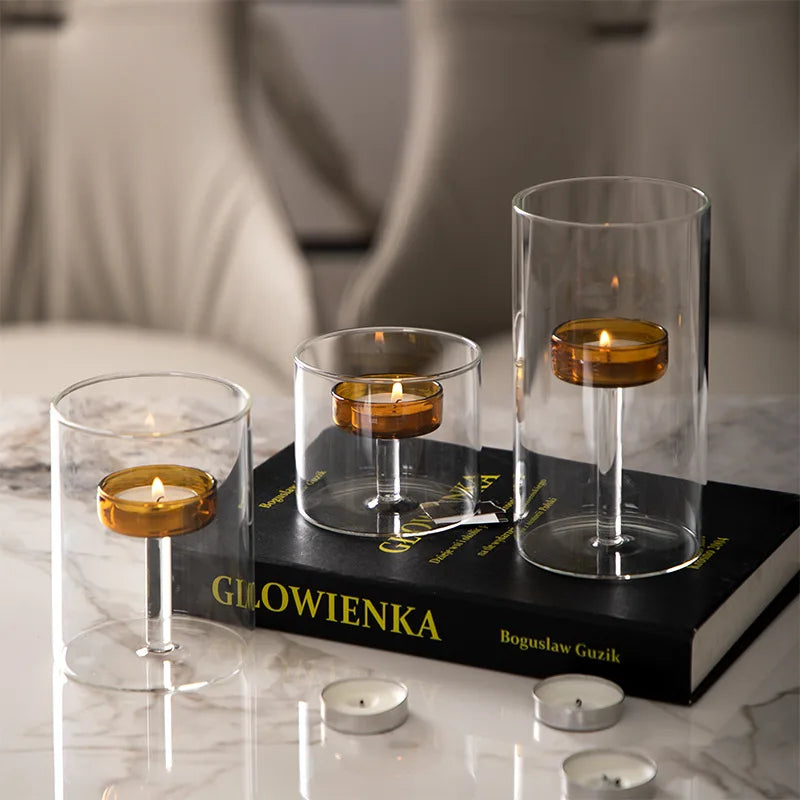 bougeoir moderne verre transparent orange pied simple décoration intérieure bougie