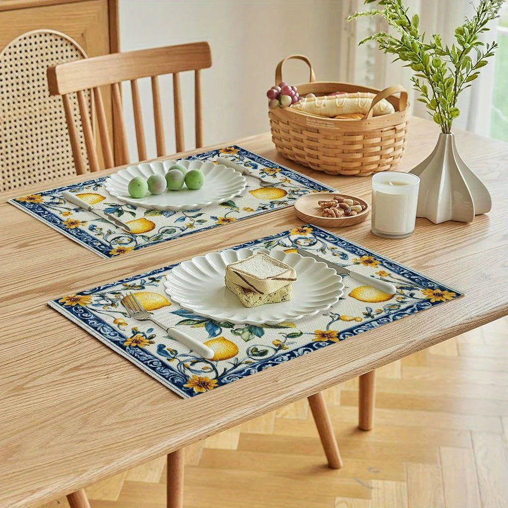 serviettes table motif floral citron blanc bleu jaune vert classiques 30x40cm opaques automnales