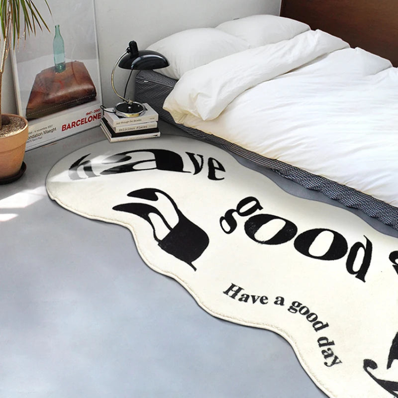 tapis polyester motif tasses have good day blanc noir moderne minimaliste
