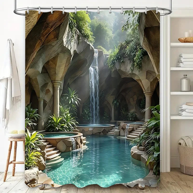rideau douche moderne cascade paysagère bleu clair vert rochers opacité crochets
