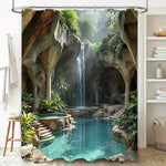 rideau douche moderne cascade paysagère bleu clair vert rochers opacité crochets