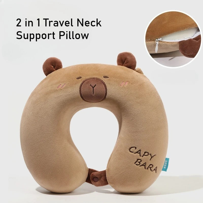 coussin support cou capybara peluche marron clair doux moelleux mignon voyage literie