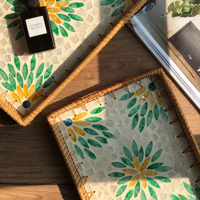 plateau rotin marron clair motif floral boho chic moderne décoration maison rustique table basse
