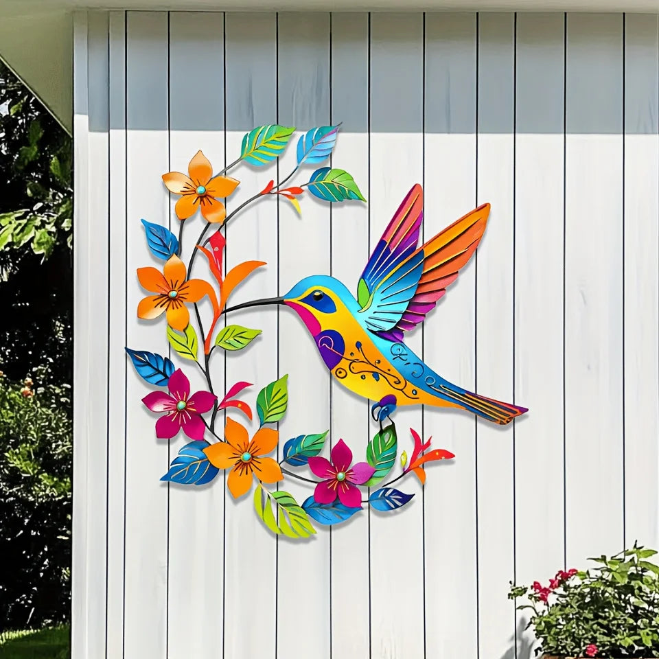 colibri oiseau métal multicolore floral artisanal oiseau fleurs feuilles deco murale patio salon chambre