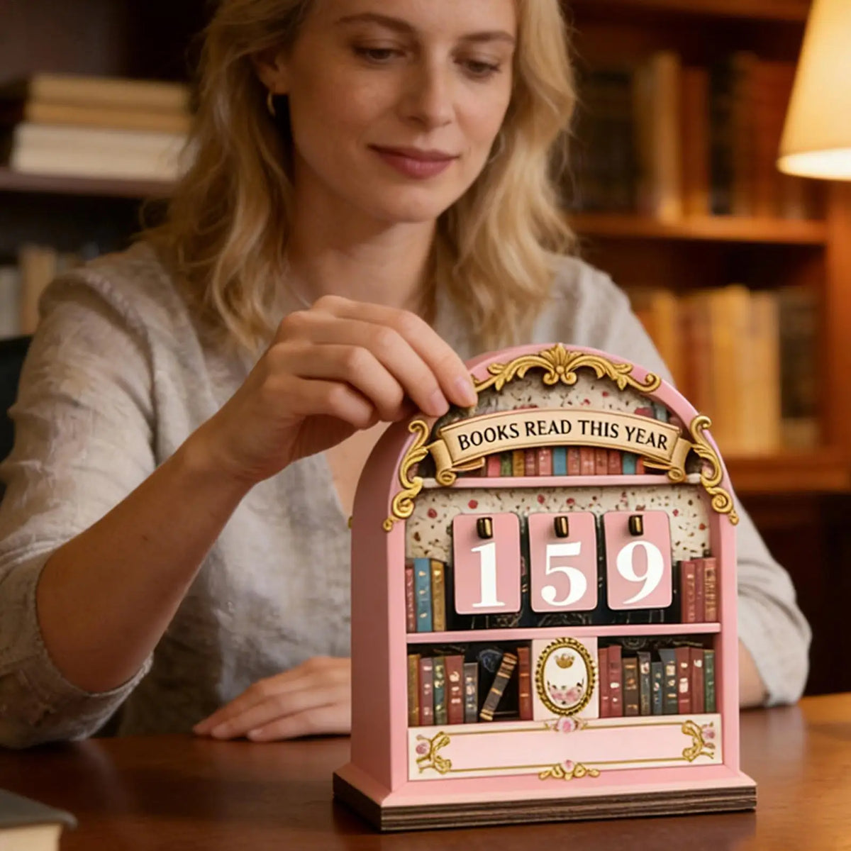 décoration bibliothèque miniature vintage suivi livres lus chiffres rotatifs bois floral doré salon chambre