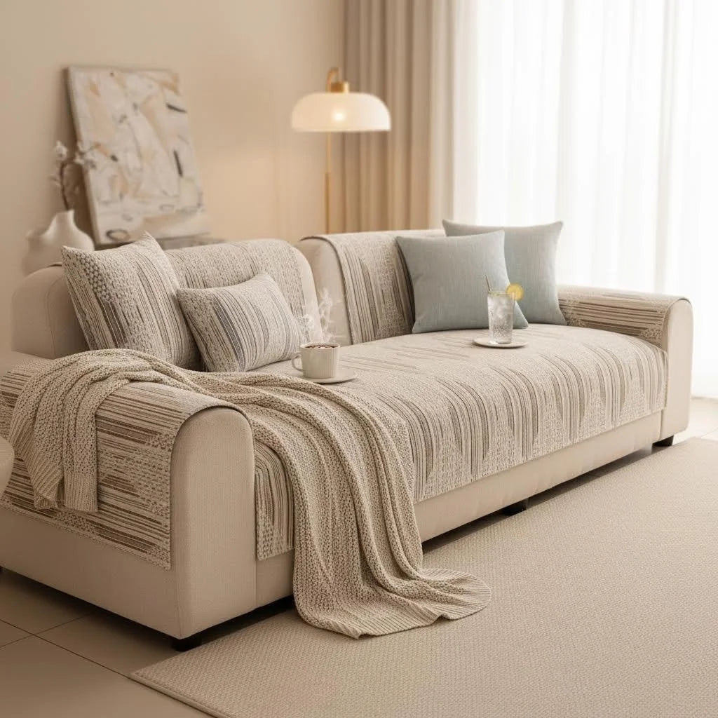housse canapé chenille beige rayures horizontales moderne élégante coussins décoratifs anti dérapant