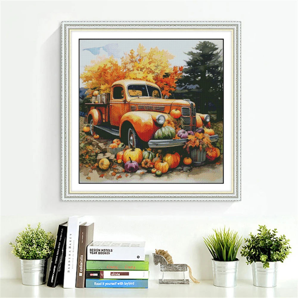 tableau brodé paysage automnal camion citrouilles feuilles d'érable 11CT 14CT toile coton broderie
