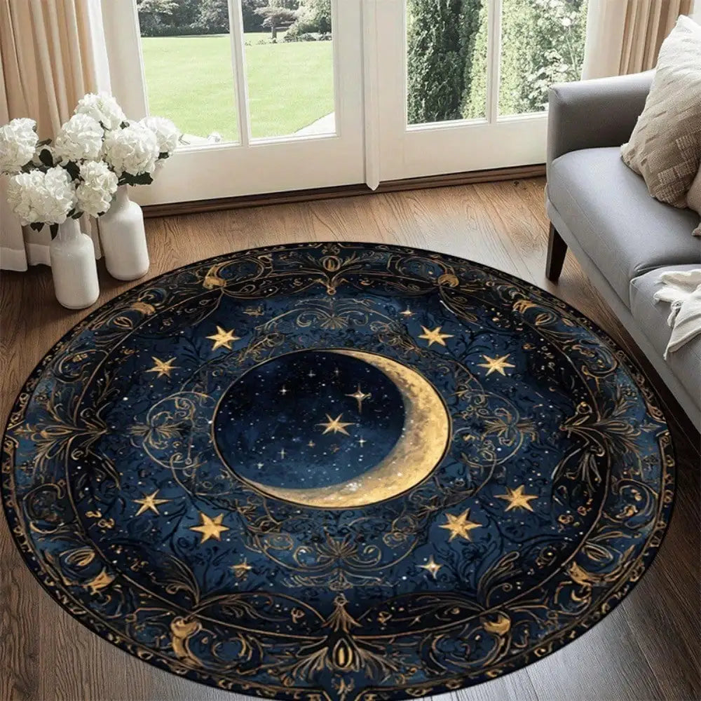 tapis rond bleu nuit étoiles lune art déco polyester lavable salon chambre entrée