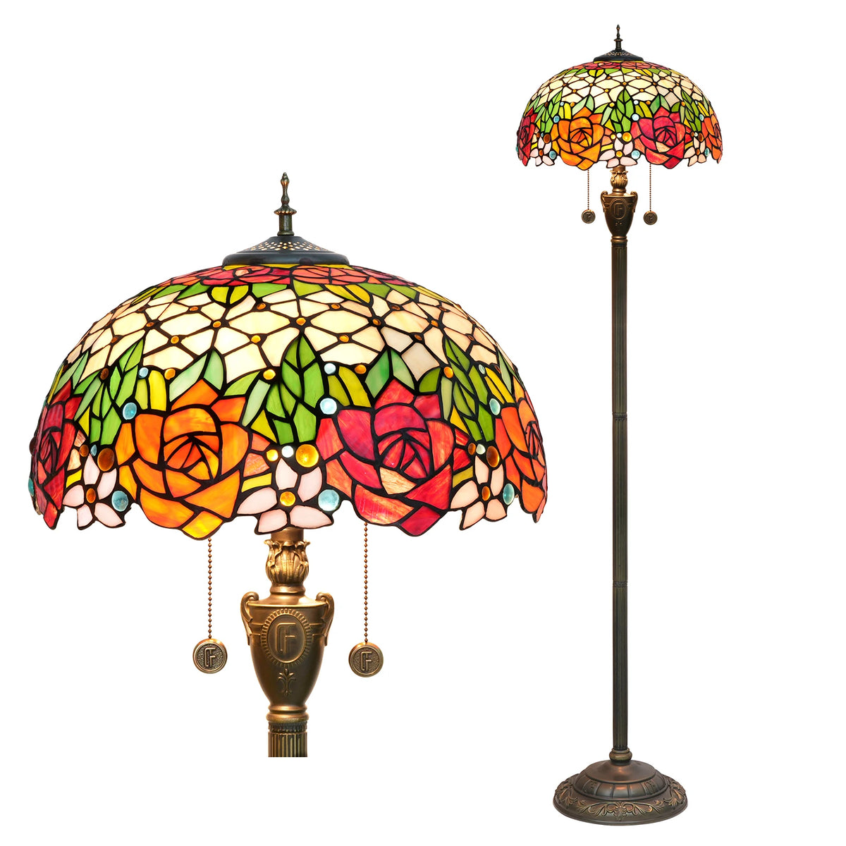 lampe sol tiffany multicolore art nouveau interrupteur pédale base résine hauteur 163cm