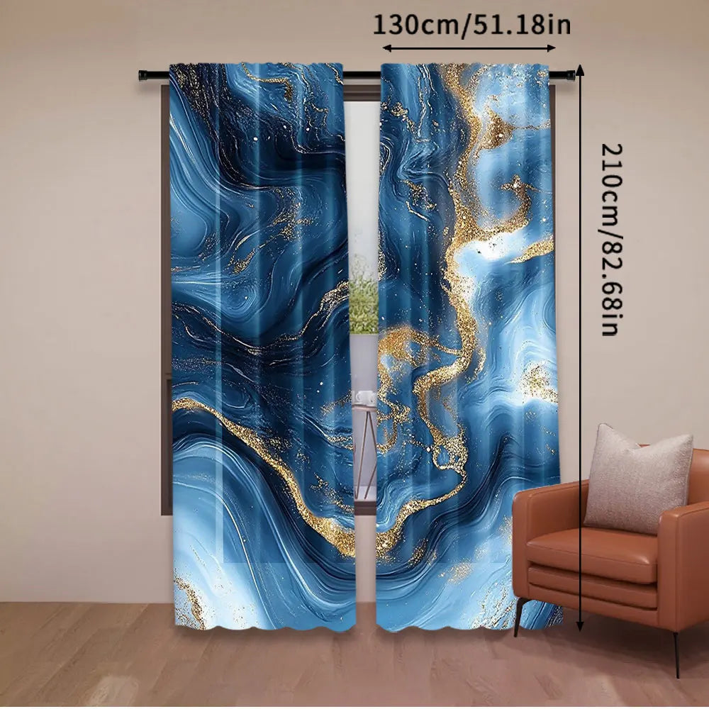 rideau moderne bleu doré marbré polyester opaque deux panneaux effet liquide élégant
