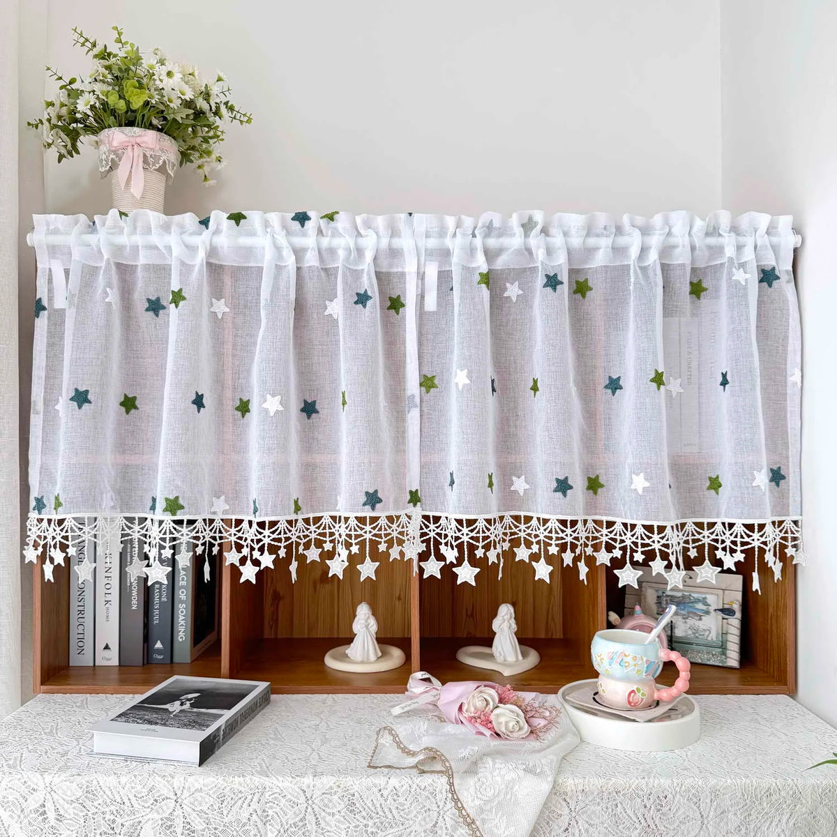 rideau transparent brodé étoiles classique blanc romantique maison