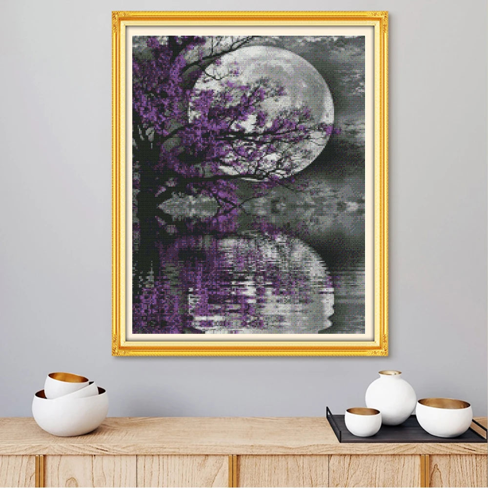 broderie arbre fleurs violettes toile coton 11ct paysage nuit cadres violet noir blanc