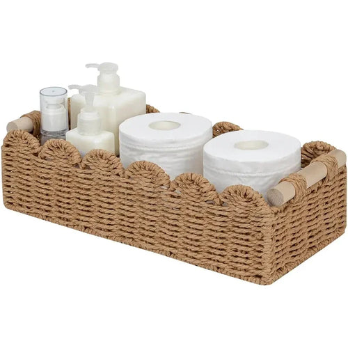 panier tressé marron clair rustique boho chic poignées franges rangement