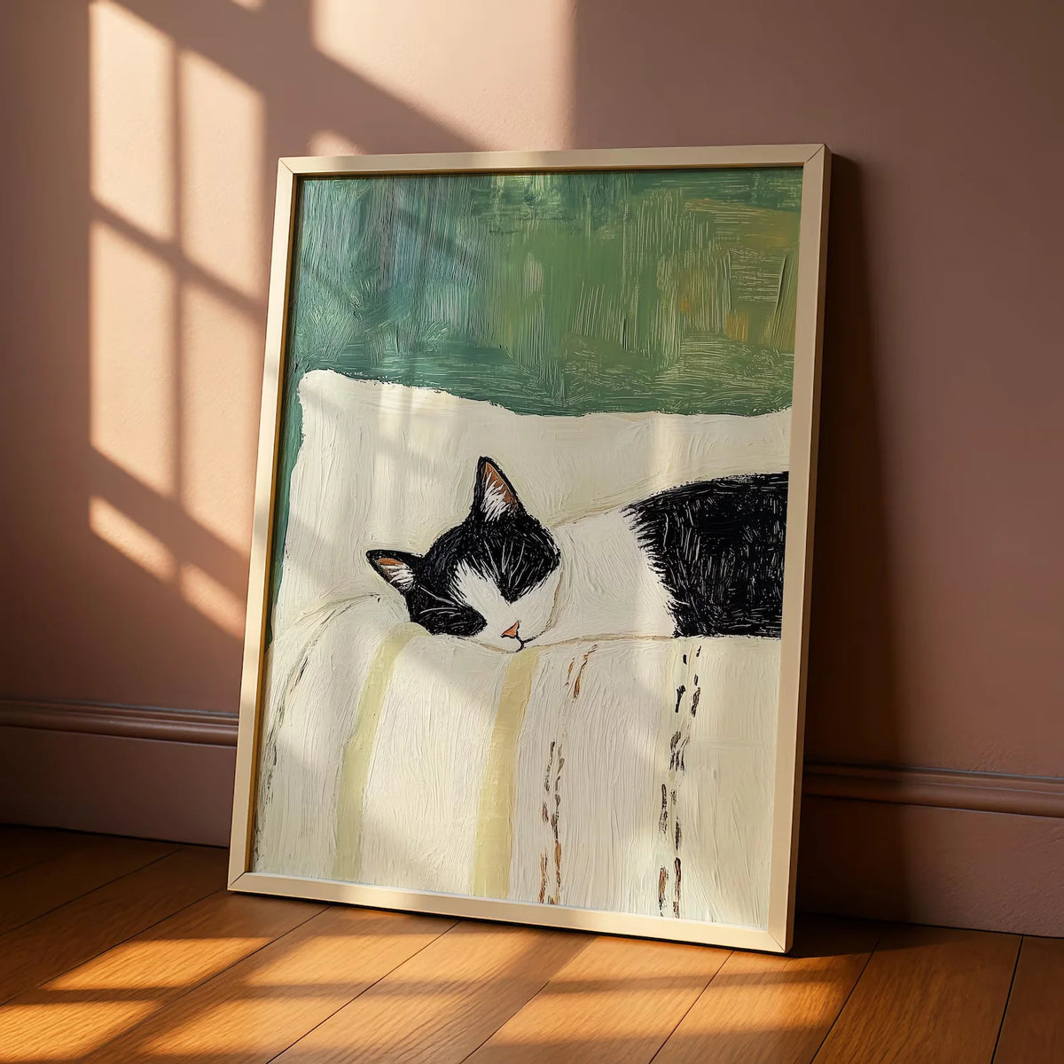 tableau moderne chat dormant toile peinte noir blanc vert beige opaque sans cadre