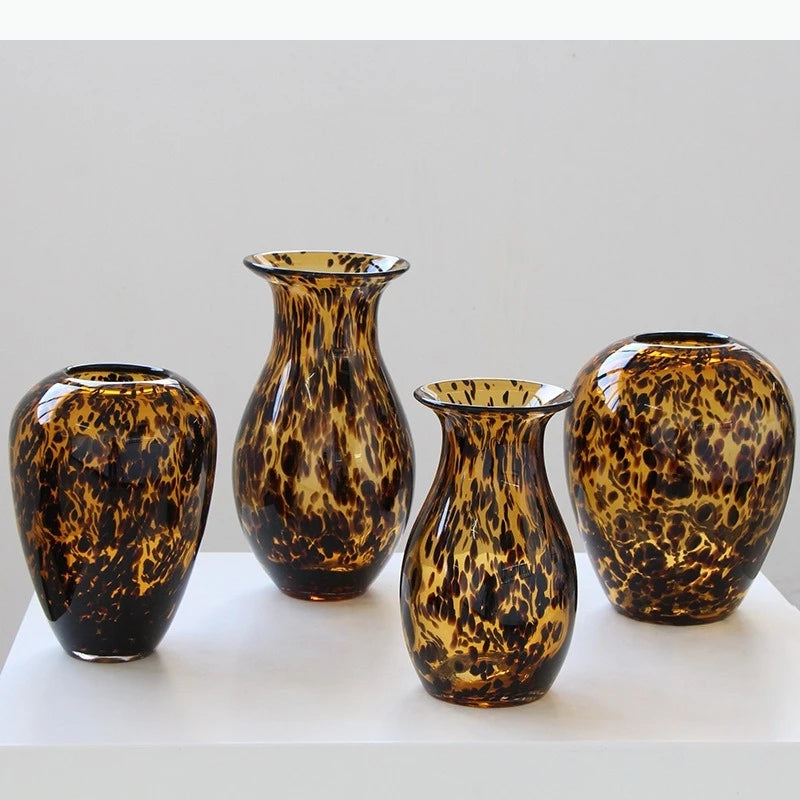 vase verre motif léopard marron jaune doré fleurs séchées décoration moderne table hydroponie terrarium