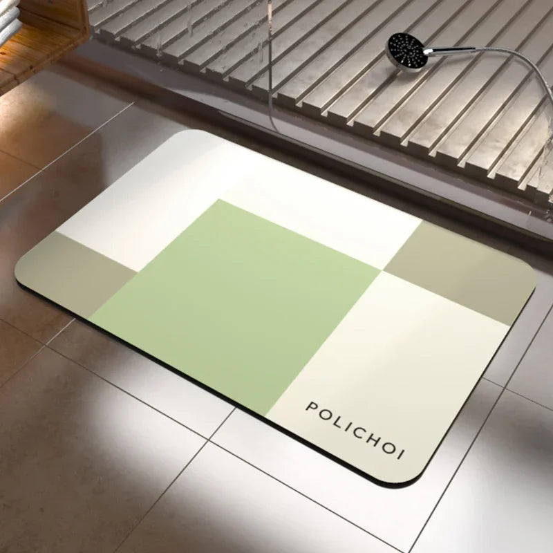 tapis bain moderne carreaux géométriques gris clair gris foncé beige clair vert pastel résistant