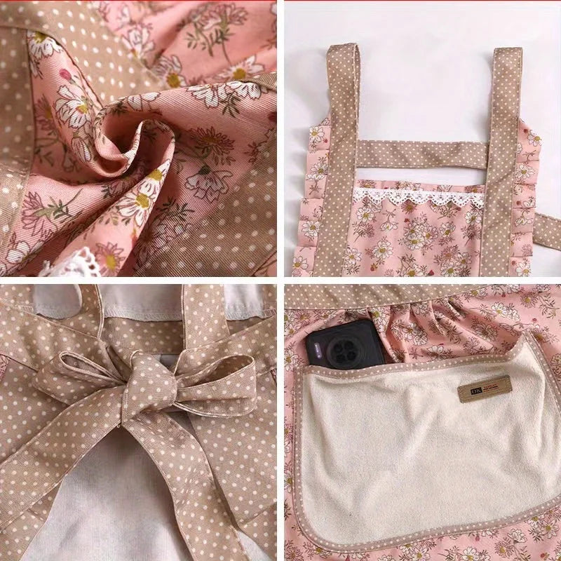 tablier cuisine rose vert pâle beige motifs floraux pois bretelles réglables poche frontale champêtre