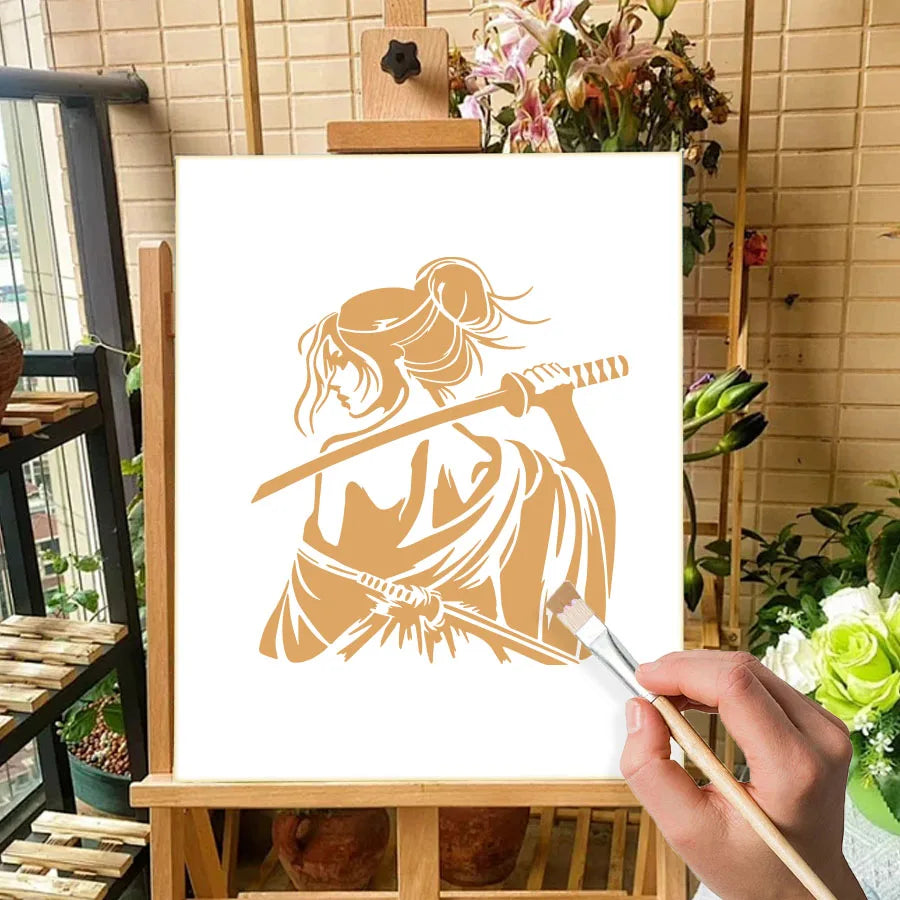 Stencil blanc samouraï femme épée art traditionnel peinture tissu toile murale decoration artisanale DIY