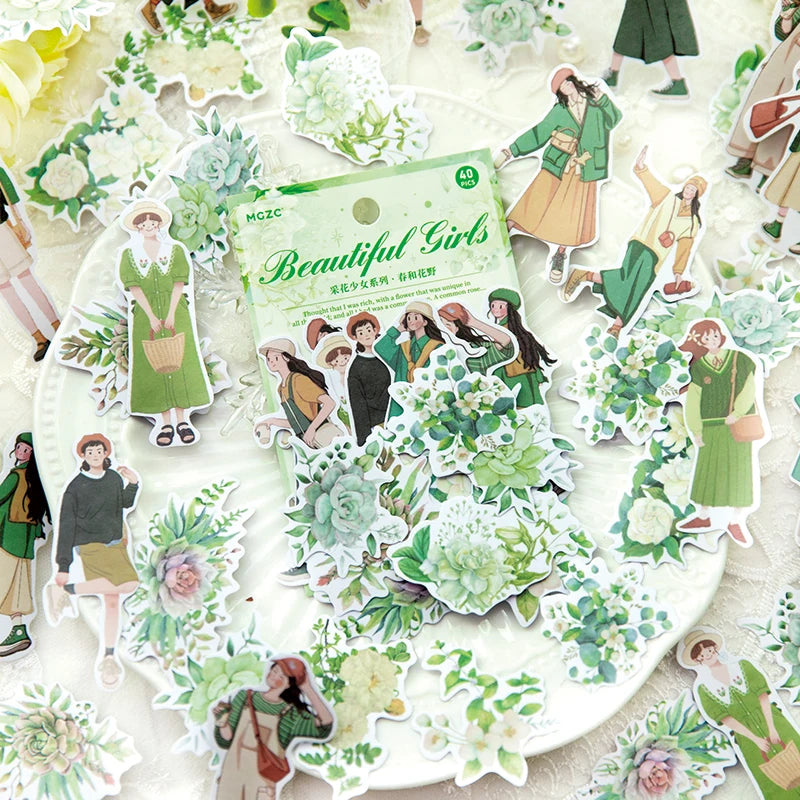 autocollants fleurs personnages vintage vert rose bleu blanc marron noir pack 40 pièces scrapbooking