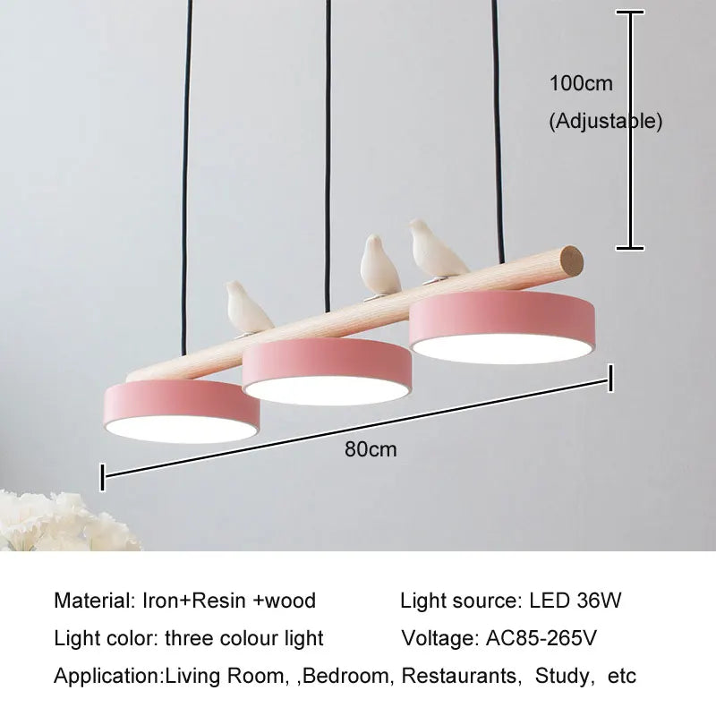 lampe suspendue moderne minimaliste led gris blanc rose jaune bleu oiseaux résine bois