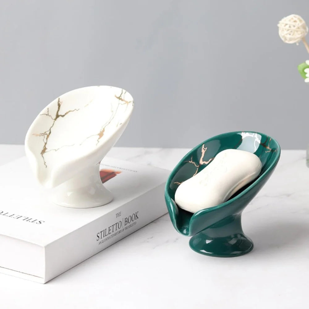 porte savon céramique imitation marbre veines dorées moderne salle bains blanc vert foncé