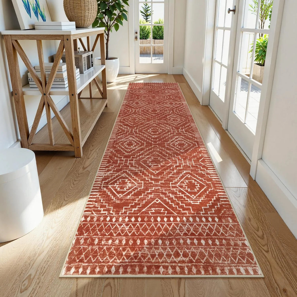 tapis moderne ethnique motifs géométriques floraux antidérapant extérieur intérieur polypropylène polyester rouge noir grisclair