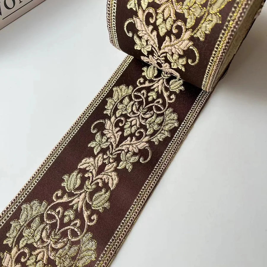 ruban brodé fleurs polyester largeur 9cm beige marron rouge vert élégant classique opaque