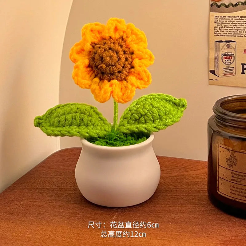 fleurs artificielles tricotées tournesol soie mixte couleurs vase blanc décoration intérieure créative artisanale