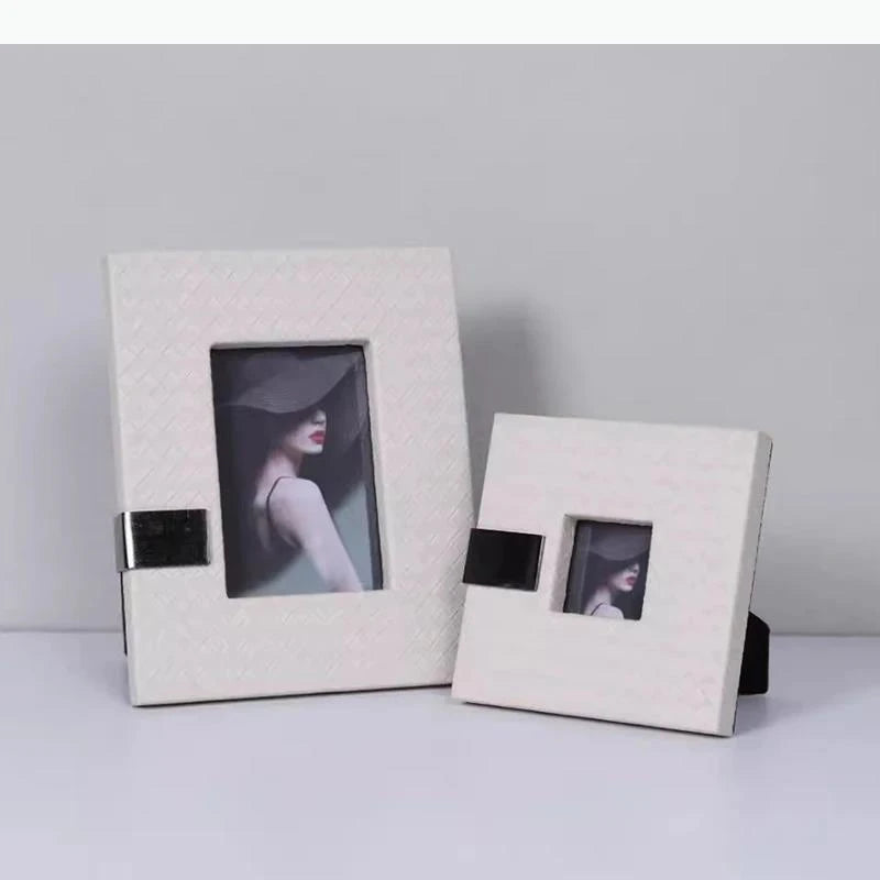 cadres photo cuir texturé moderne rectangle brun blanc nuances motifs présentoirs arrière