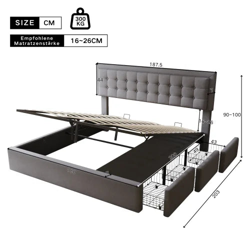 Détail de la tête de lit capitonnée en tissu gris