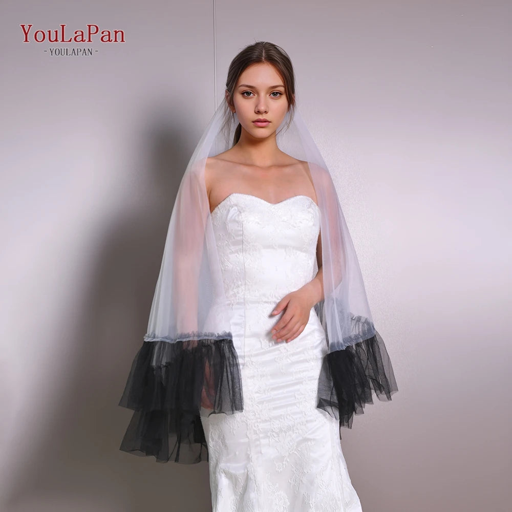 voile mariée double couche franges tulle blanc noir classique élégant mariage photo prom banquet