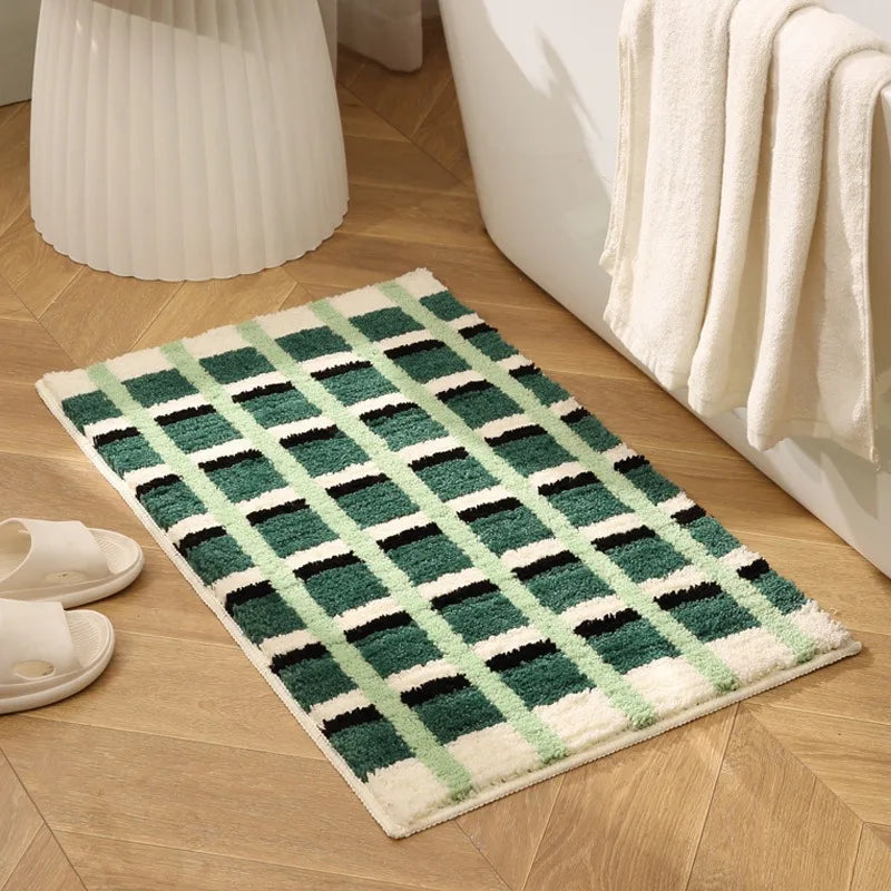 tapis bain carreaux géométriques vert blanc moderne imperméable antidérapant polyester feutre voyage maison
