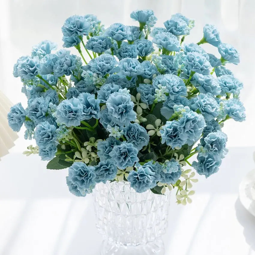 Bouquet fleurs artificielles soie blanc bleu rose orange vase transparent moderneintérieurDecoration